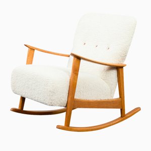 Mecedora de roble y tela Boucle de Fritz Hansen, Dinamarca, años 60