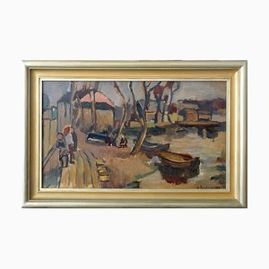 Huile sur Carton Biruta Baumane, Boats by the River, 1950s