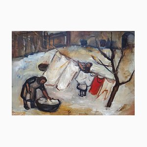 Biruta Baumane, Le Linge Séchant, 1950s, Huile sur Carton