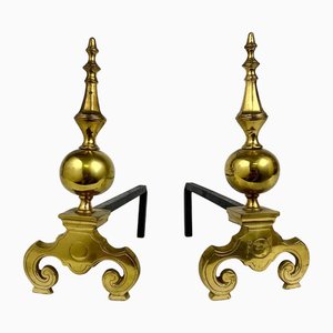 Vintage Baroque Brass Andirons with Iron Stands, France, 1950s, Set of 2