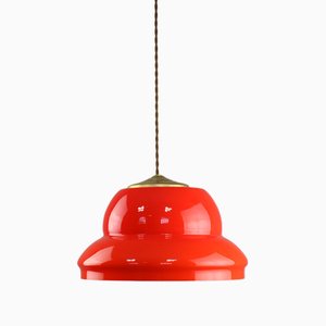 Mid-Century Italian Red Glass and Brass Pendant Lamp