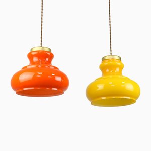 Mid-Century Italian Glass and Brass Pendant Lamps, Set of 2