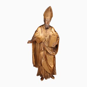 Grande Statue d'un Saint Evêque, 18ème Siècle, Bois Doré