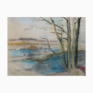 Aleksandra Belcova, Flooded River, 1950er, Pastell auf Papier