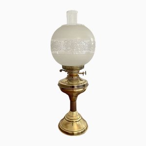 Lámpara de aceite eduardiana antigua de latón y vidrio, 1900