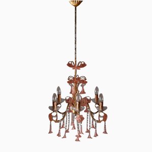 Golden Chandelier with Pink Murano Glass Flowers, 1960s