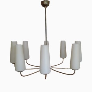 Mid-Century 8-Flame German Chandelier with Brass Frame on White Metal Holder and Cream-Colored Glass Screens, 1960s