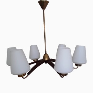 Mid-Century German 6-Flame German Chandelier with Brass and Teak and White Glass Screens, 1960s