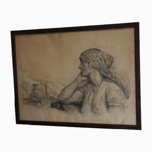 Lucien Jonas, Femme de Mineur de Charbon, Dessin au Fusain, 1934, Encadré