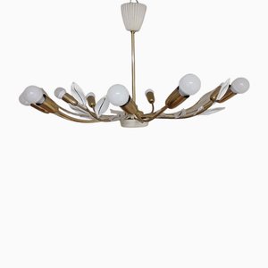 Mid-Century 10-Flame German Chandelier with Partly White Painted Brass Frame & Leaf Motifs, 1960s
