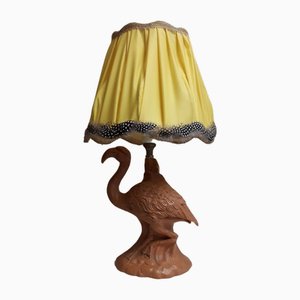 Vintage Table Lamp with Figurative Ceramic Foot, Dwarf Flamingo and Yellow Fabric Screen with a Feather, 1970s