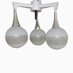 Flat Vintage German Ceiling Lamp with White Plastic Frame in Triangle Shape with Three Spherical, Patterned Glass Screens, 1970s