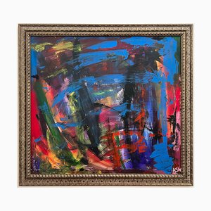 Angela Wakefield, Blau, Rot & Grün Abstraktes expressionistisches Gemälde mit dem Titel 'Tropical City #1', ein extrem frühes Werk der führenden britischen Künstlerin Angela Wakefield, 1999, Acryl auf Leinwand & Acryl & Leinwand &