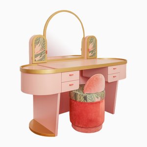 Mobile da bagno rosa con pouf in velluto, set di 2