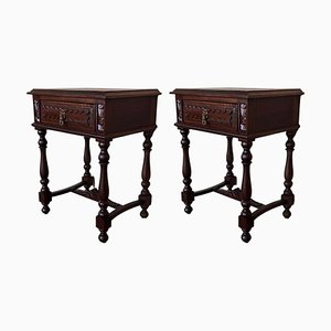 20th Century Spanish Nightstands with Carved Drawer and Stretcher, 1920s, Set of 2