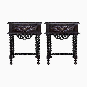 Carved Spanish Nightstands with Solomonic Columns and Drawer in Black, 1890s, Set of 2