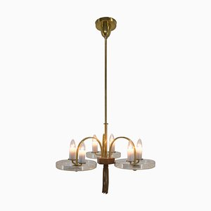 Art Deco Brass Wood and Glass Chandelier, 1940s