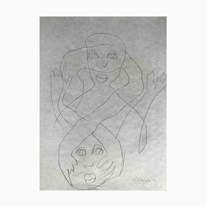 Mino Maccari, Two Faces, Pencil Drawing, 1960s