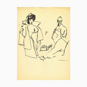 Mino Maccari, Hiring Interview, Ink Drawing, Mid-20th Century