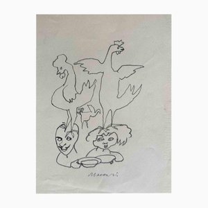 Mino Maccari, Das Paar und die Hähne, Bleistiftzeichnung, 1960er