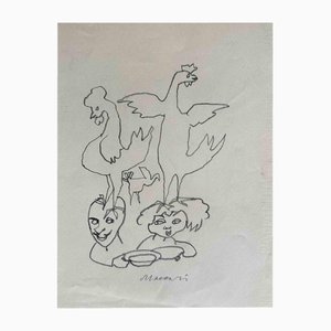 Mino Maccari, The Couple and Roosters, Dessin au Crayon, 1960s