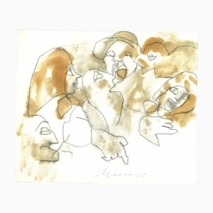 Mino Maccari, Conviviality, Charcoal & Watercolor, Mid-20th Century