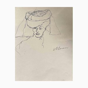 Mino Maccari, Dama con sombrero de encaje, dibujo a tinta, años 60