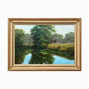 David Morgan, River Landscape Scene with Cattle & Thatched Cottage, 1999, Oil on Canvas, Framed