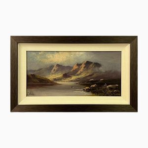 David Hicks, Mountain Lake, pintura al óleo, siglo XIX, enmarcado
