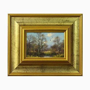 James Wright, Lago y árboles en la campiña inglesa, óleo sobre lienzo, 1980, enmarcado
