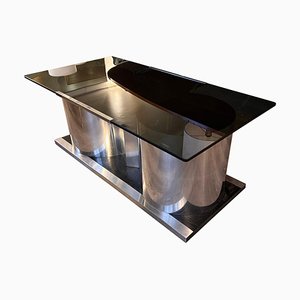 Rotierende Rauchglas Couchtisch Bar aus Holz und Stahl, 1970er