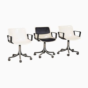 Swivel Wheeled White Office Chairs attributed to Osvaldo Borsani for Tecno, 1980s, Set of 3