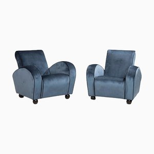 Blaue Art Deco Samtsessel, 1940er, 2er Set