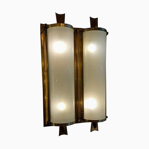 Art Deco White Glass and Brass Frame Wall Sconce, 1940s