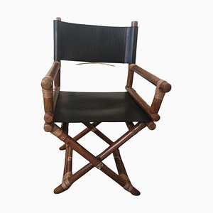 Directors Chair in Wood and Black Leather by McGuire, 1960s