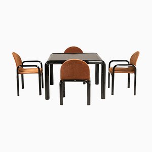Squared Black Wood Table Four Brown Velvet Chairs attributed to Gae Aulenti for Knoll, 1970s, Set of 5