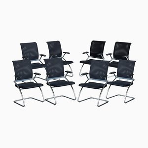 Technical Chromed Steel Desk Armchairs with Black Upholstery, 1980s, Set of 8