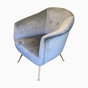 Mid-Century Italian Armchair in Pearl Grey Velvet with Brass Legs, 1950