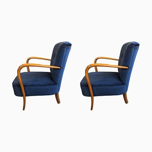 Art Deco Armchairs in Blue Velvet and Walnut, 1940, Set of 2