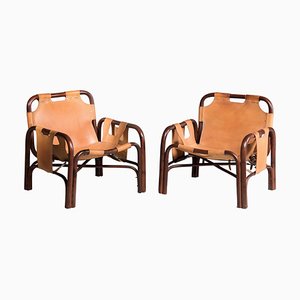 Vintage Wood and Leather Armchairs attributed to Tito Agnoli, 1970, Set of 2