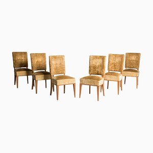 French Art Deco Mustard Velvet Dining Chairs, 1940s, Set of 6