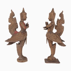 Figure dell'artista birmano, Kinnara & Kinnari, sculture in legno, set di 2