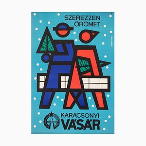Hungarian Bring Joy Christmas Shopping Advertising Poster by Sandor Lengyel, 1965