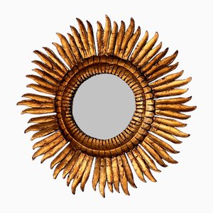 Miroir Mid-Century Sunburst en Bois Doré, Italie, 1970s