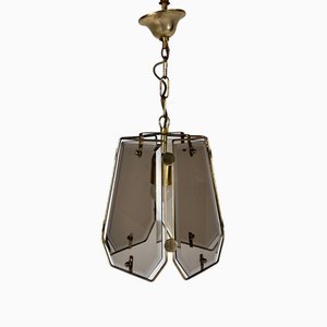 French Brass and Smoked Glass Pendant Lamp, 1970s