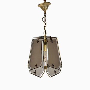 French Brass and Smoked Glass Pendant Lamp, 1970s