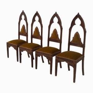 Venetian Gothic Style Chairs in Orange Corduroy Fabric, 1920, Set of 4