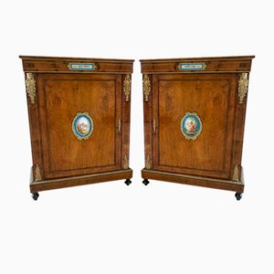 Antique Victorian Inlaid Burr Walnut and Porcelain Mounted Pier Cabinets, 1860, Set of 2