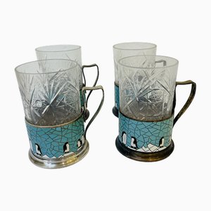 Russian Glasses with Silver-Plated and Cleaned Bracket, Enamel and Penguin Pattern, 1950s, Set of 4