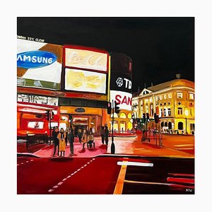 Angela Wakefield, Piccadilly Circus in London City at Night with Red Bus by Urban Landscape Artist, 2010
